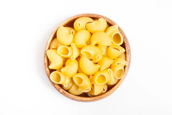 Uncooked Pasta Wooden Bowl White Background — Stock Photo, Image