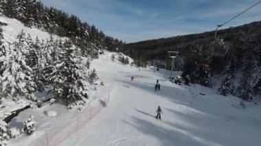 Uzun karlı ağaçlar, çalılar ve gün doğumu. Ormanda kar yağar, güzel kış manzaraları olur ve insanlar asansörde kalır. Doğa manzarası ve tatil konsepti.