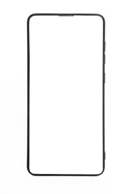 El ele tutuşan cep telefonu ve şablon reklamcılığı ve markalaştırma teknolojisi için boş ekran. İnce çerçeveli ve boş beyaz ekran izole edilmiş gerçekçi akıllı telefon modeli. Herhangi bir kullanıcı arayüzü testi veya sunumu için kullanılabilir.