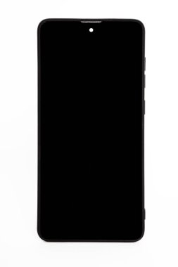 El ele tutuşan cep telefonu ve şablon reklamcılığı ve markalaştırma teknolojisi için boş ekran. İnce çerçeveli ve boş beyaz ekran izole edilmiş gerçekçi akıllı telefon modeli. Herhangi bir kullanıcı arayüzü testi veya sunumu için kullanılabilir.