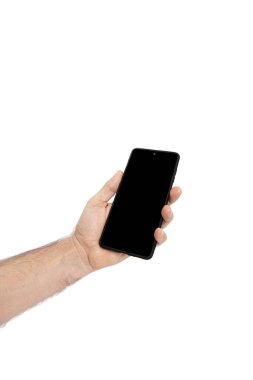 El ele tutuşan cep telefonu ve şablon reklamcılığı ve markalaştırma teknolojisi için boş ekran. İnce çerçeveli ve boş beyaz ekran izole edilmiş gerçekçi akıllı telefon modeli. Herhangi bir kullanıcı arayüzü testi veya sunumu için kullanılabilir.