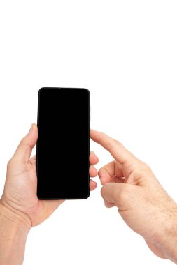 El ele tutuşan cep telefonu ve şablon reklamcılığı ve markalaştırma teknolojisi için boş ekran. İnce çerçeveli ve boş beyaz ekran izole edilmiş gerçekçi akıllı telefon modeli. Herhangi bir kullanıcı arayüzü testi veya sunumu için kullanılabilir.