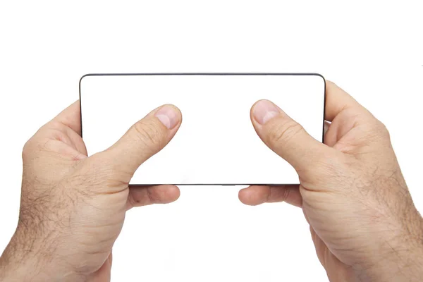 Hand Holding Mobile Phone Blank Screen Template Advertising Branding Technology — Stock Photo, Image