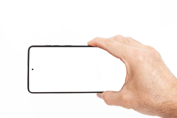 Ele Tutuşan Cep Telefonu Şablon Reklamcılığı Markalaştırma Teknolojisi Için Boş — Stok fotoğraf