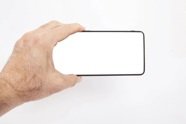 Ręczne Trzymanie Telefonu Komórkowego Pusty Ekran Reklamy Szablonów Tła Technologii — Zdjęcie stockowe