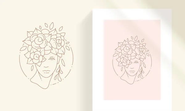 Ομορφιά θηλυκό με στεφάνι λουλούδι στο κεφάλι γραμμή τέχνη στυλ διάνυσμα εικονογράφηση. — Διανυσματικό Αρχείο