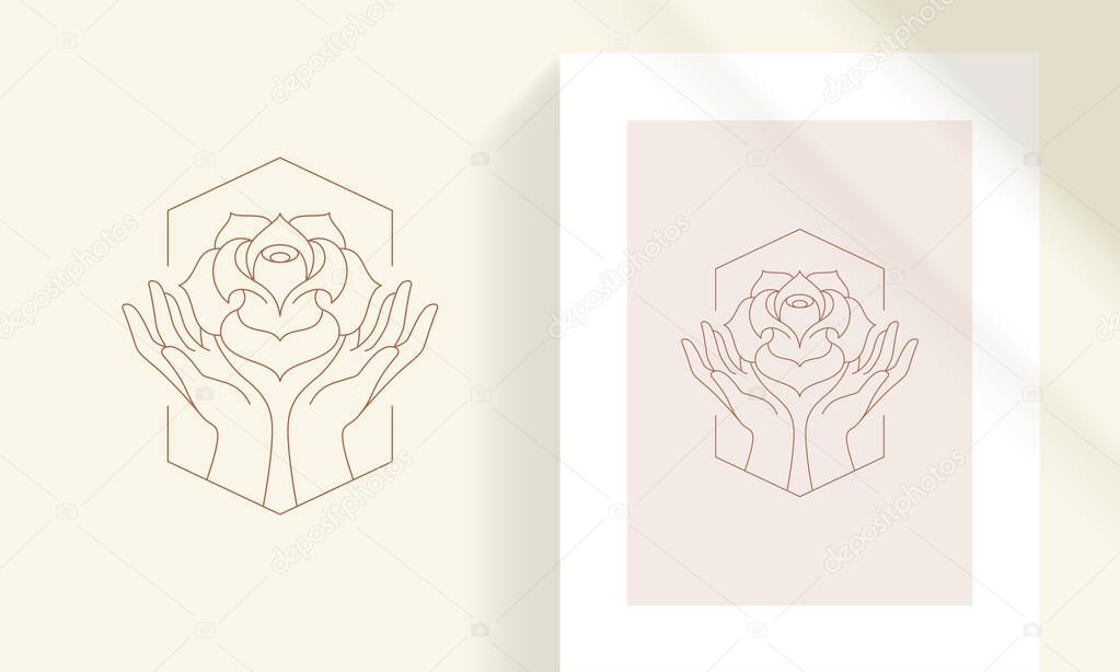 Female hands and blooming rose flower line art style vector illustration. Boho linear drawing for feminine poster and cosmetics logo emblem decoration or fashion print.
