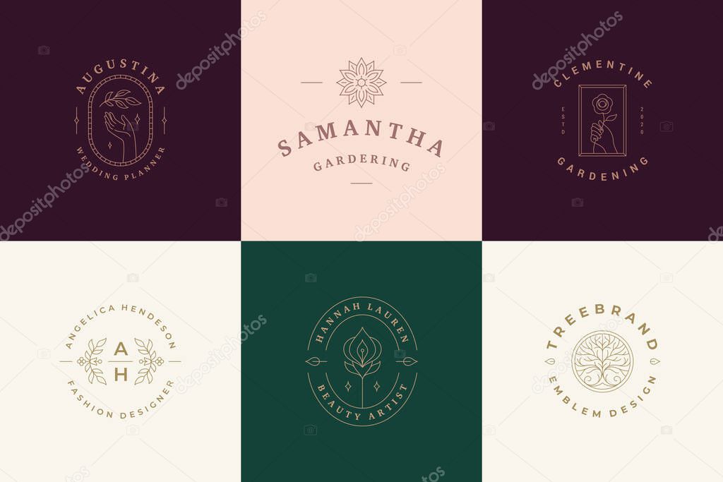 Flower logos emblems design templates set with botanical plants and rose vector illustrations minimal linear style. Outline symbols for cosmetics and packaging or floral products branding