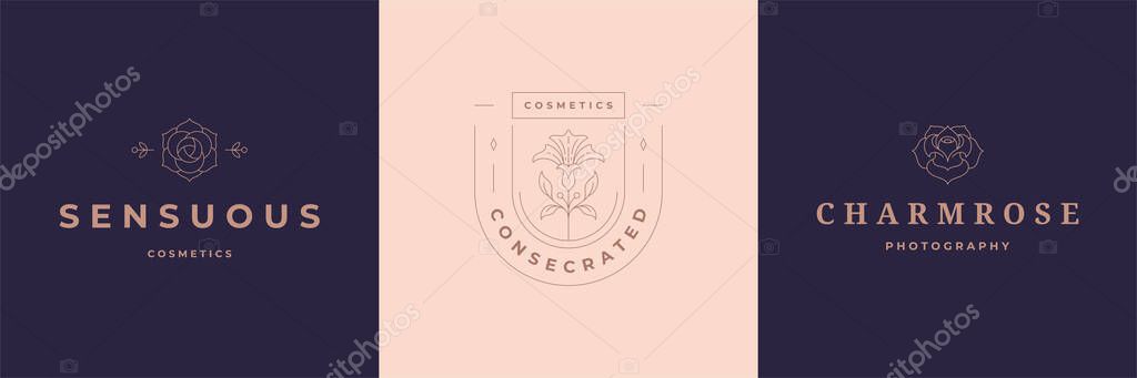 Flower logos emblems design templates set with botanical plants and rose vector illustrations minimal line art style. Outline symbols for cosmetics and packaging or floral products branding