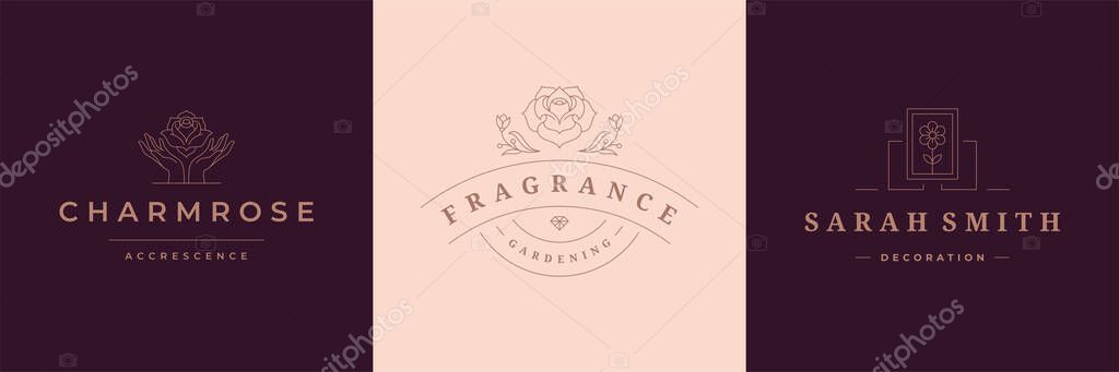 Flower logos emblems design templates set with botanical plants and rose vector illustrations minimal linear style. Outline symbols for cosmetics and packaging or floral products branding