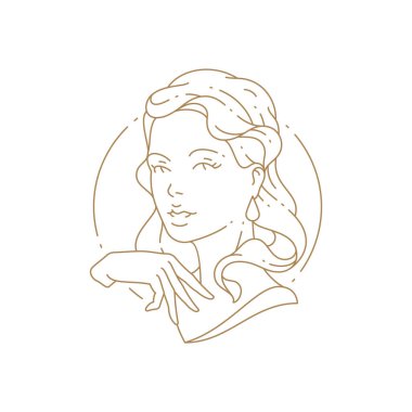 Pretty lady bust in circle frame monochrome linear logo vector illustration