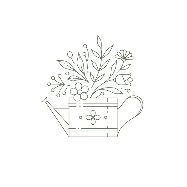 Monochrome blooming flower bouquet in watering can linear logo vector illustration — Stok Vektör