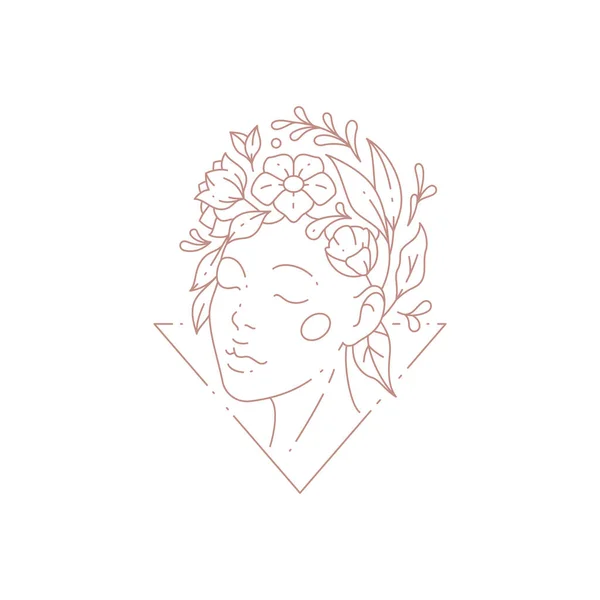 Linear logo beauty woman head with flower wreath at triangle geometric frame vector illustration — Vector de stock