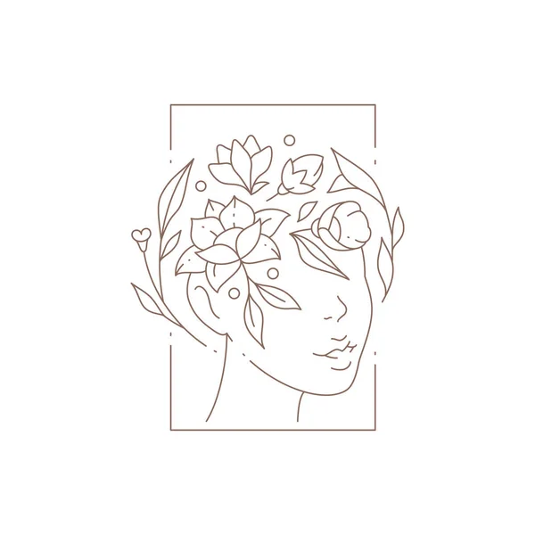 Γυναίκα κομψό στεφάνι κεφάλι λουλούδι και φύλλα σε ορθογώνιο πλαίσιο ετικέτα διάνυσμα εικονογράφηση — Διανυσματικό Αρχείο