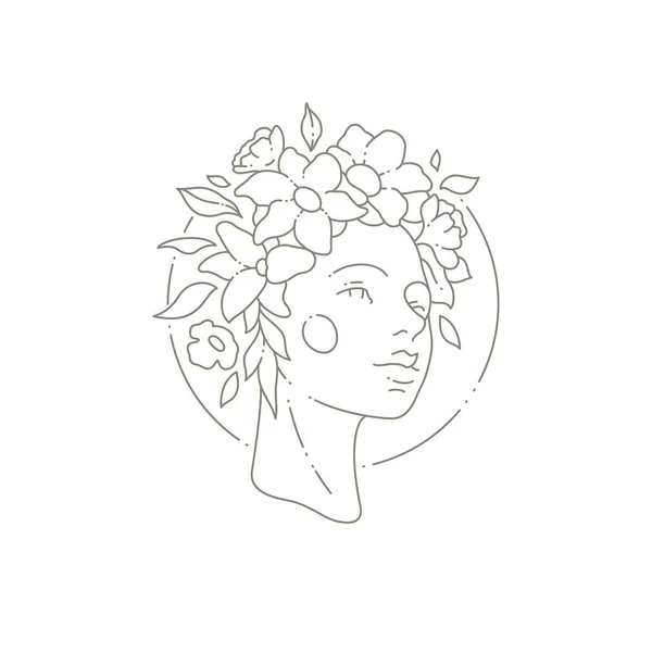 Antique κεφαλή γυναίκας με floral μαλλιά σε κύκλο πλαίσιο μονόχρωμη απλή εικόνα διάνυσμα εικονογράφηση — Διανυσματικό Αρχείο