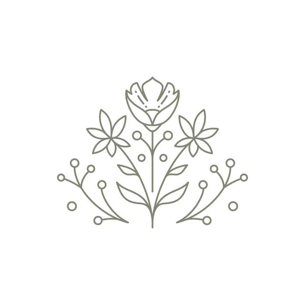花、茎、果実と葉のロゴベクトルイラストと花の装飾モノクロエンブレム — ストックベクタ