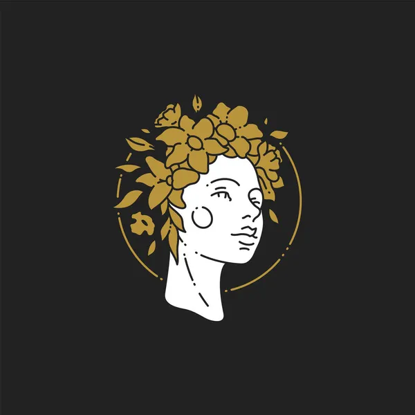 Antica testa di donna ricoperta da fiori di fiori con cerchio cornice dorata vettore icona minimalista — Vettoriale Stock