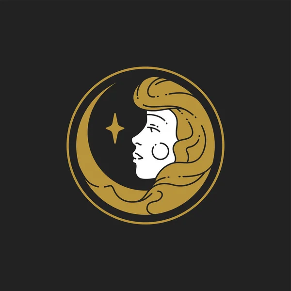 Vintage disegnato a mano mitica donna con i capelli lunghi in cerchio d'oro cornice meditazione benessere — Vettoriale Stock