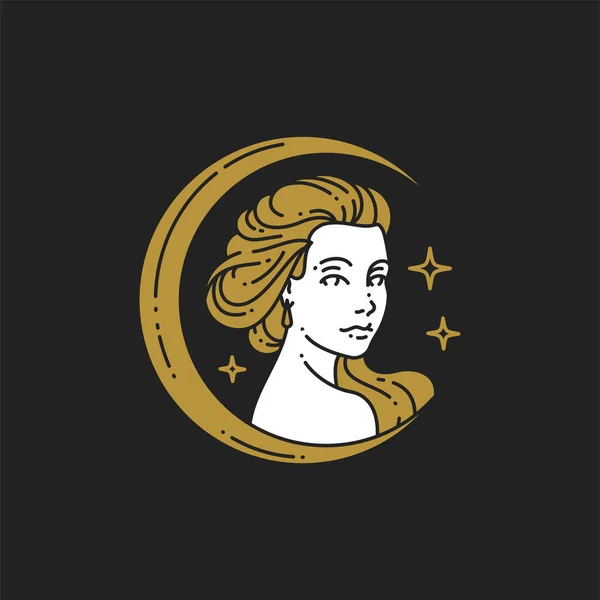 Lineart retrato mulher mística em meia lua dourada cercada por estrelas do espaço ícone minimalista —  Vetores de Stock