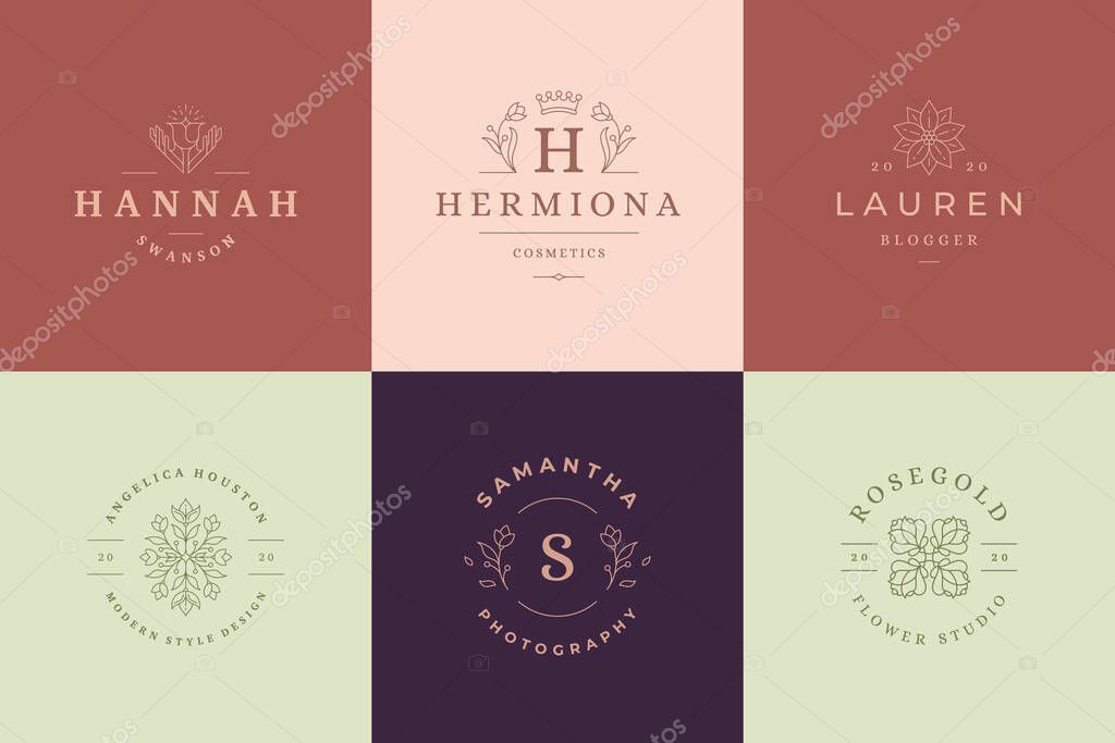 Flower logos emblems design templates set with botanical plants and rose vector illustrations minimal linear style. Outline symbols for cosmetics and packaging or floral products branding