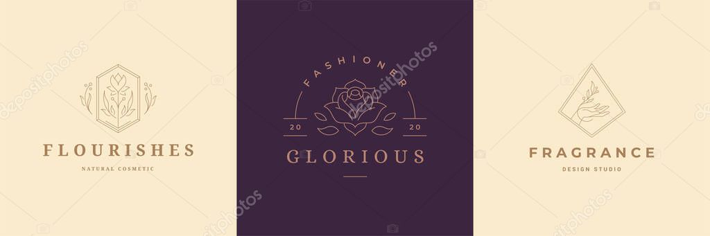 Flower logos emblems design templates set with botanical plants and rose vector illustrations minimal linear style. Outline symbols for cosmetics and packaging or floral products branding