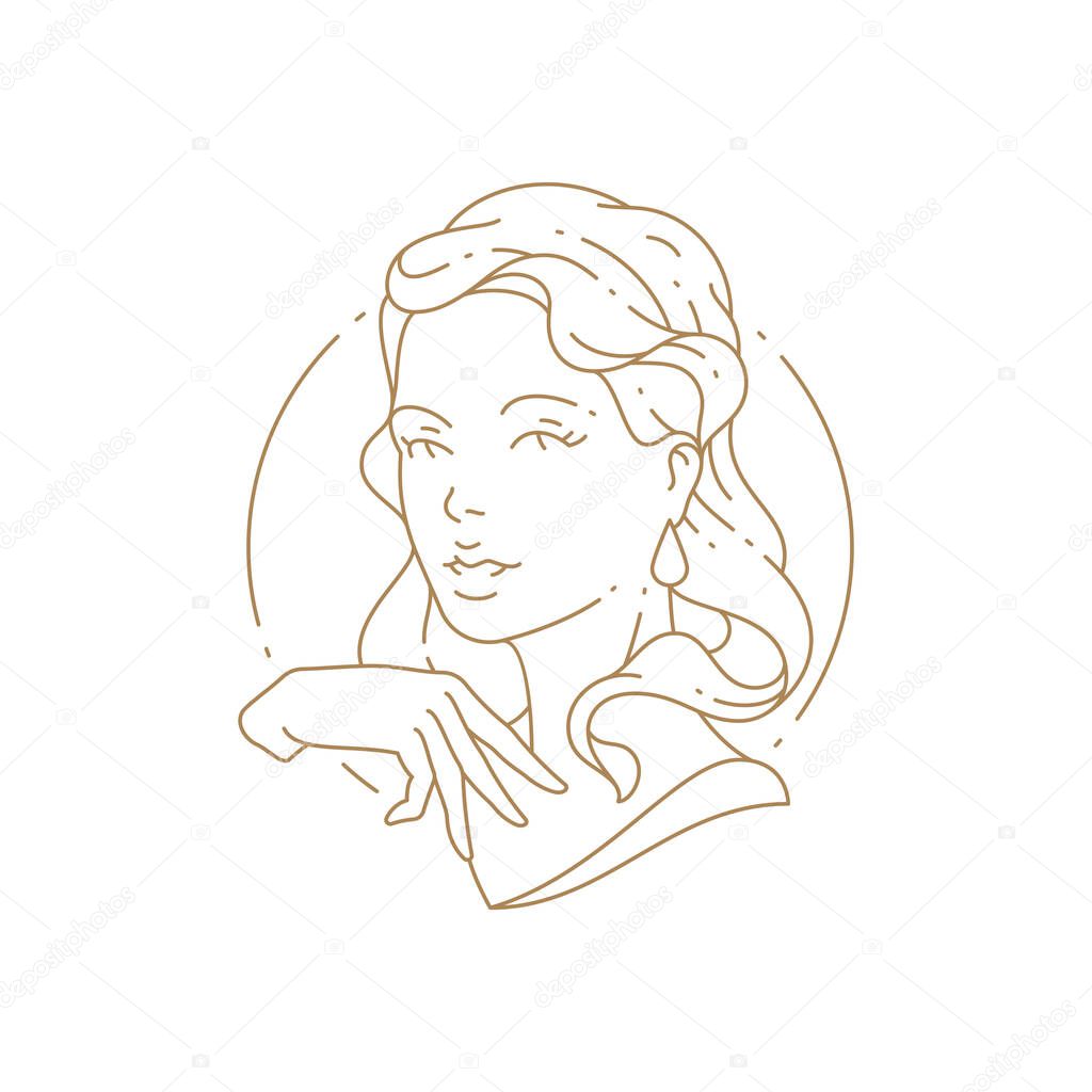 Pretty lady bust in circle frame monochrome linear logo vector illustration