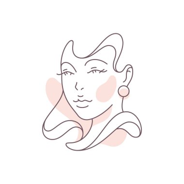 Güzel kadın yüzü silueti küpeler saç stili sürekli çizgi sanat deco ikon vektörü sallıyor.