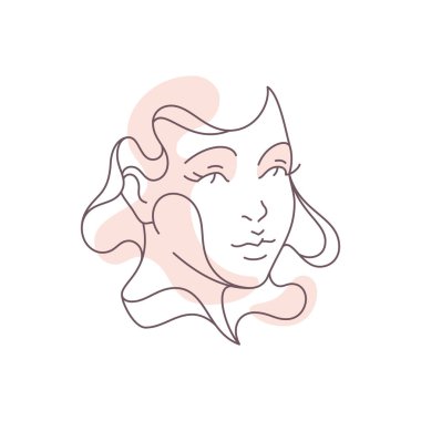 Minimalist el çizimi kadın silueti portresi tasarım elementleri ile dekore edilmiş Pastel renk logosu