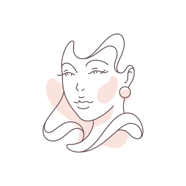漂亮的女性面部轮廓耳环挥动发式连续线条艺术装饰图标矢量 — 图库矢量图片