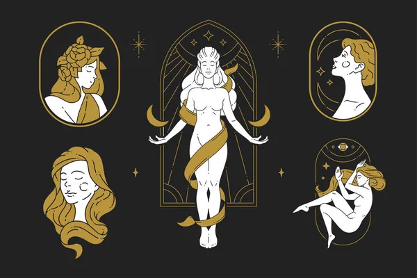 Lineáris ikon készlet ezoterikus nő istennő félhold és a csillagok visel virágot a haj vektor — Stock Vector