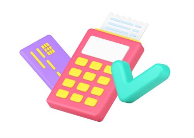 Contactless POS terminal payment with credit card and bill receipt accepted by check mark 3d icon