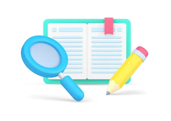 Reading book with magnifying glass and pencil for excretion important information 3d icon isometric — 图库矢量图片