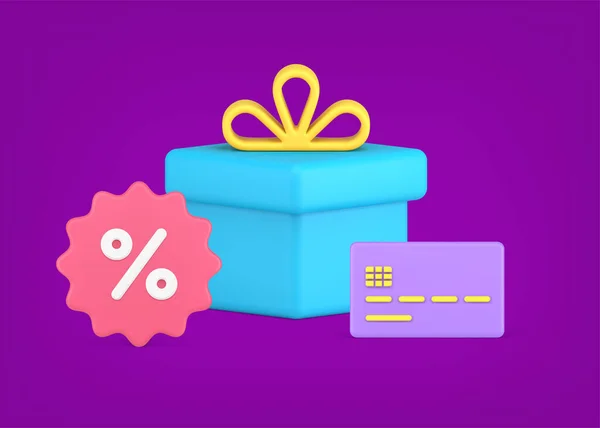 Vente saisonnière avec boîte cadeau festif arc carte de crédit pour le paiement 3d icône vecteur isométrique — Image vectorielle