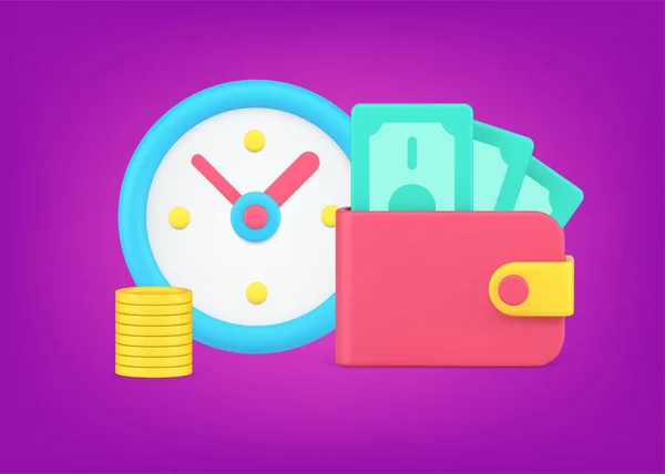 Money wealth business profit with wallet cash coins during alarm clock time 3d isometric vector — Archivo Imágenes Vectoriales