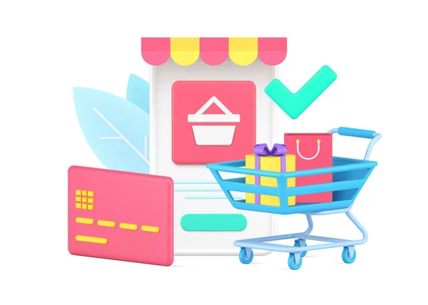 Shopping complete with trolley full of bag gift near credit card for contactless payment transaction — стоковый вектор