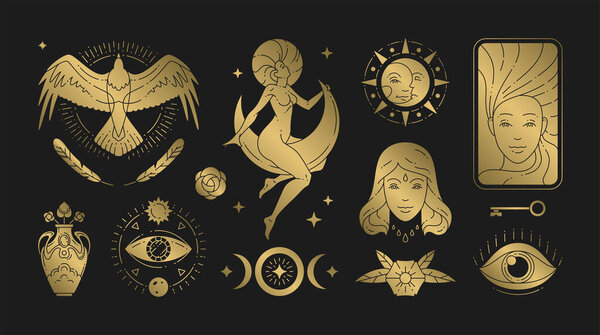 Волшебная женщина бохо векторные иллюстрации изящных женщин и эзотерические символы набор