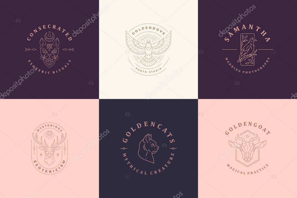 Animals logos emblems design templates set vector illustrations minimal linear style. Line art symbols for magician logotype or witchcraft insignia branding