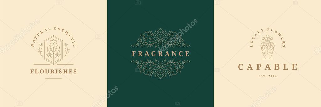 Flowers logos emblems design templates set with botanical plants and petals vector illustrations minimal linear style. Outline symbols for cosmetics and packaging or floral products branding