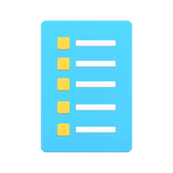 Blue simple modern checklist with yellow checkbox and line 3d icon vector illustration — Stok Vektör