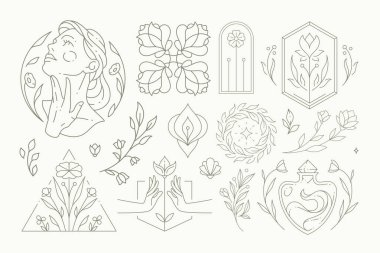 Monochrome linear logo set fashion woman emblem, natural botanical blossom flower decorative design