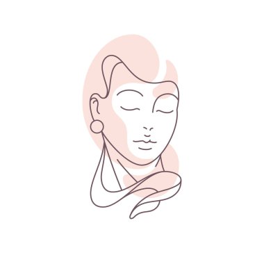 Beautiful woman face closed eyes wearing fashion earrings continuous line pastel spot icon vector
