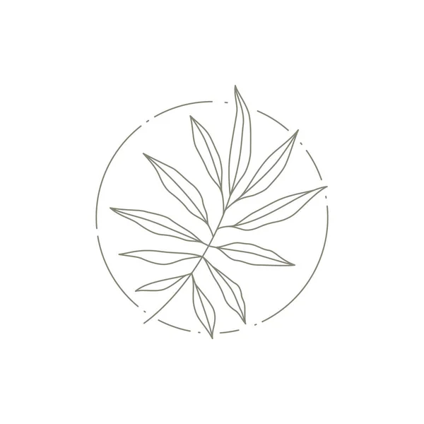 Ramo botanico tropicale monocromatico con foglie a cornice cerchio logo decorativo del salone di bellezza spa — Vettoriale Stock
