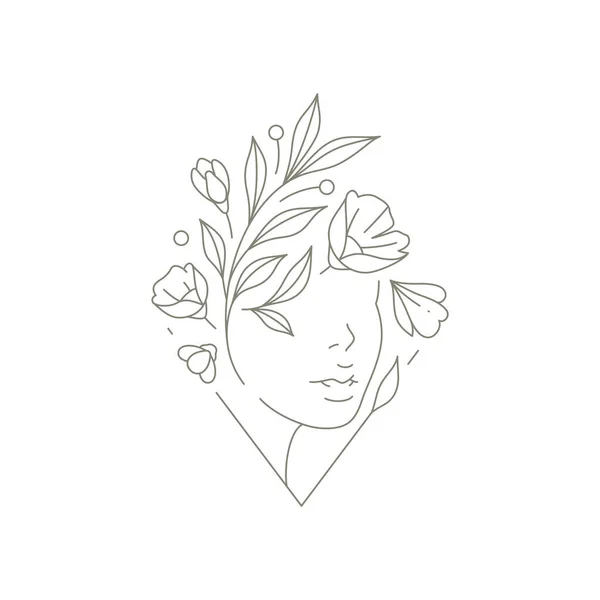 Abstrakcyjna kobieta twarz z kwiatowej głowy botanicznej na ramce trójkąta salon piękności logo wektor ilustracja — Wektor stockowy