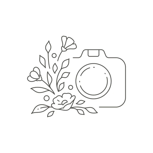 Decorative simple monochrome design of beauty blog with photo camera and flower botanic decor logo — Image vectorielle