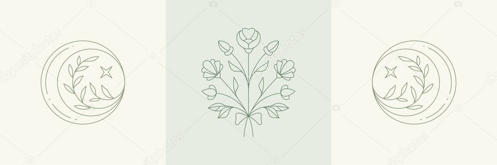 Monochrome esoteric elegant natural flowers bouquet with stars half moon greeting invitation card decorative design. Simple logo gardening farm botanical romantic hand drawn modern decor vector