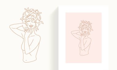 Mininalistic monochrome icon naked body woman floral head with finger near lips icon card set