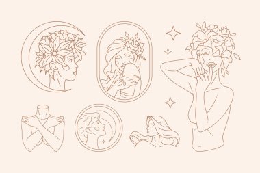 Pretty botanical woman portrait flower blossom head naked body beauty icon set vector illustration
