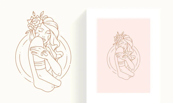 Elegant female with blossom flower hair posing with closed eyes in circle frame line art icon card — Vetor de Stock