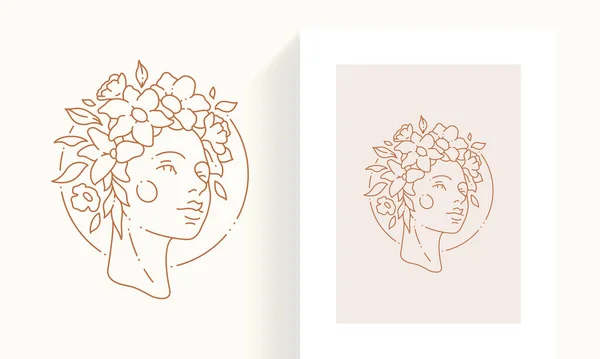 Hand drawn woman head covered by blossom flower in circle frame line art deco simple logo postcard — Vector de stock
