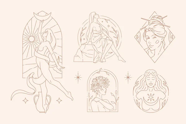 Монохромный логотип красивый элегантный антикварный эзотерический женский полумесяц ботанический набор икон — стоковый вектор